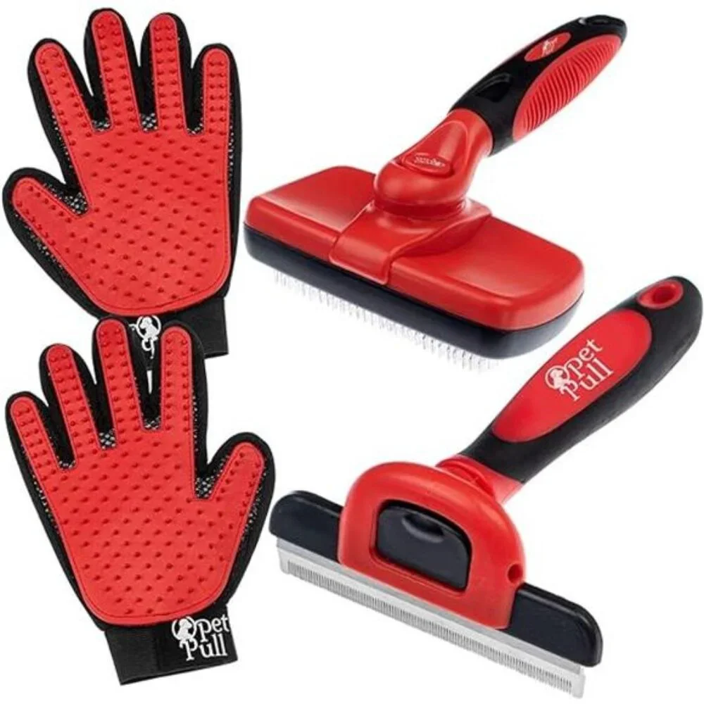 Pet Grooming Brushes for Dogs and Cats Shedding Hair (Red, Grooming Kit)